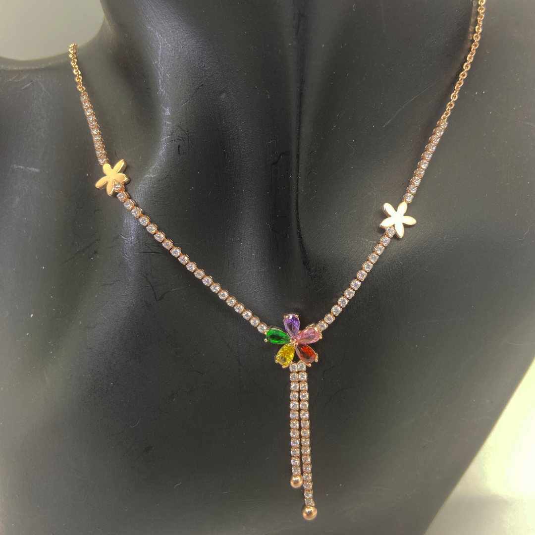 Luxe Rose AD Multicolor Flower Necklace